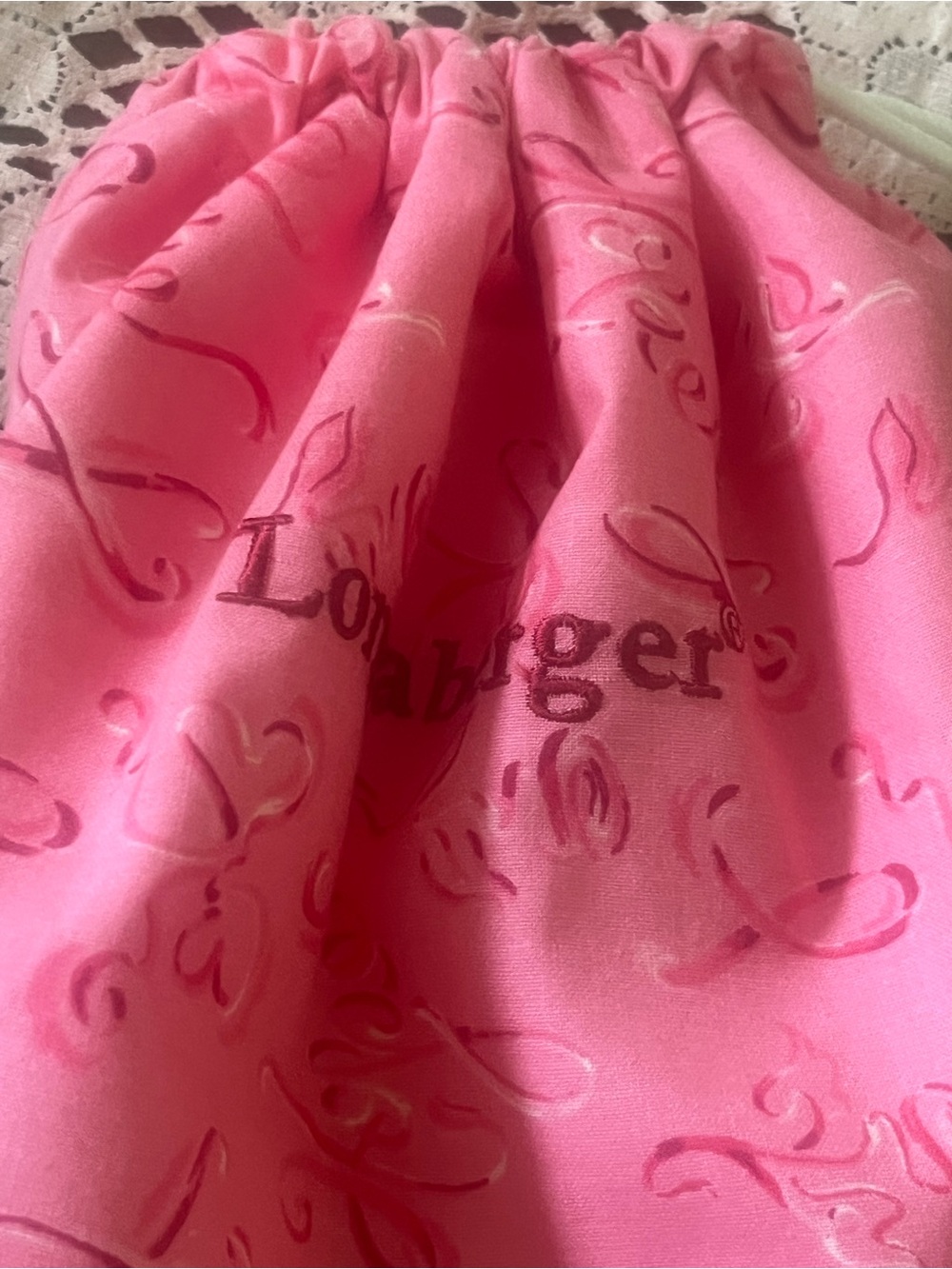 Longaberger Bright Pink Heart & Swirl Fabric/ Dust Bag